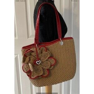 BRIGHTON Natural Woven Handbag/Purse w/Flower Red Leather Trim Silver Hardware
